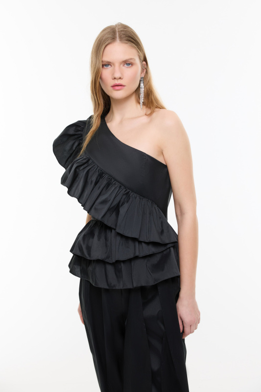 Tek Omuz Volanlı Tafta Bluz Siyah - Roman