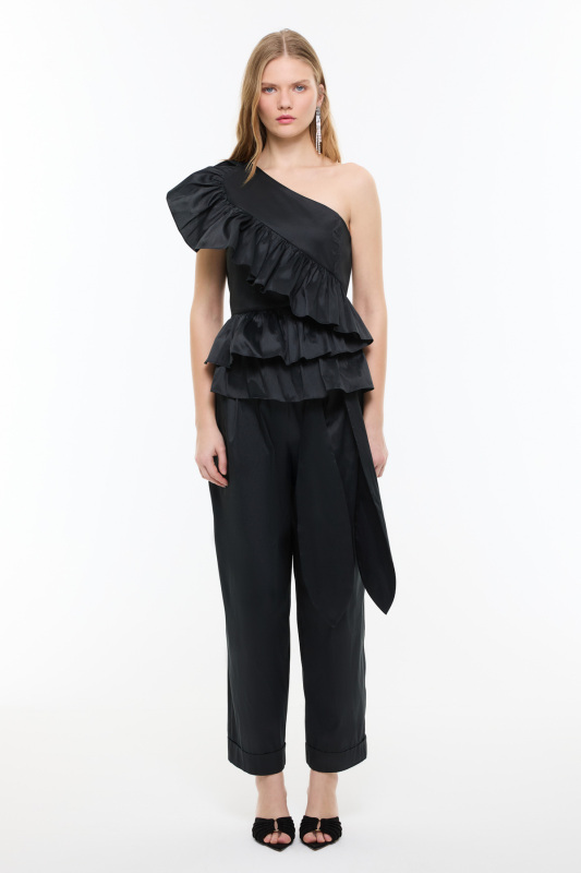 Tek Omuz Volanlı Tafta Bluz Siyah - 4