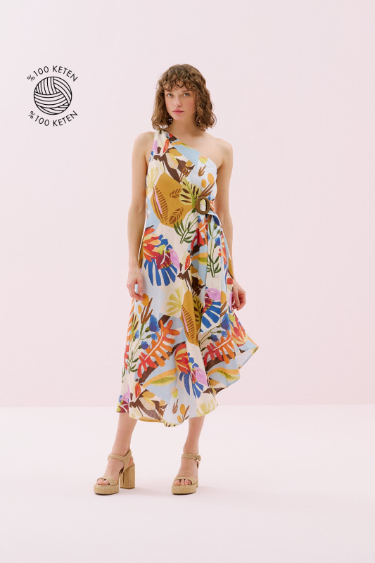 Tek Omuz Yandan Kemer ve Ahşap Toka Detaylı Keten Midi Elbise Standart Renk - 1