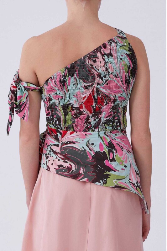 Tek Omuz Yanı Drapeli Floral Desen Bluz Standart Renk - 2