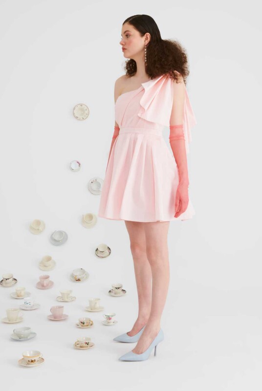 Tek Omuzlu Mini Elbise Toz Pembe - 3