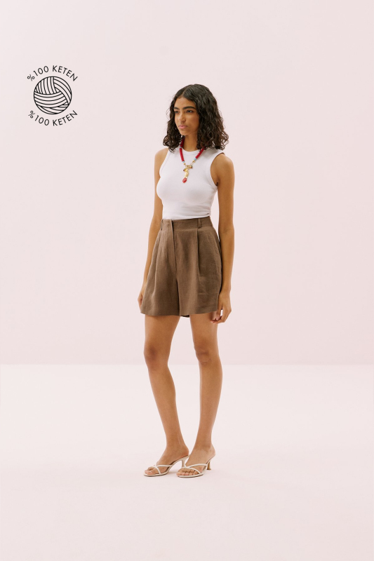 Tek Pileli Keten Şort Kahve 