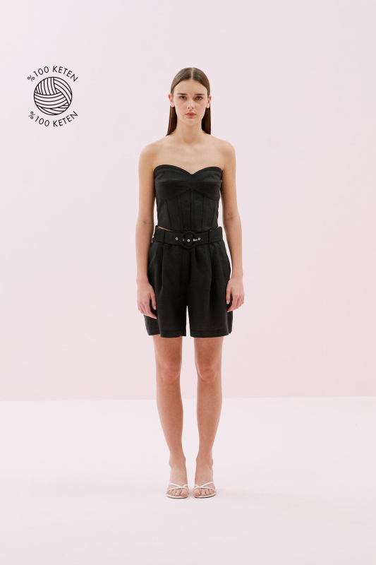 Tek Pileli Keten Şort Siyah 
