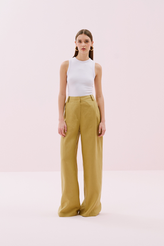Tek Pilili Palazzo Keten Pantolon Olive 