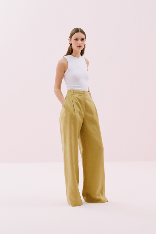 Tek Pilili Palazzo Keten Pantolon Olive - 4
