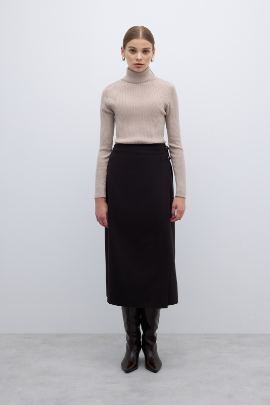 Toka Detaylı Kruvaze Midi Boy Etek Kahve - Roman