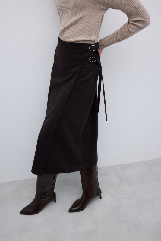 Toka Detaylı Kruvaze Midi Boy Etek Kahve - 3