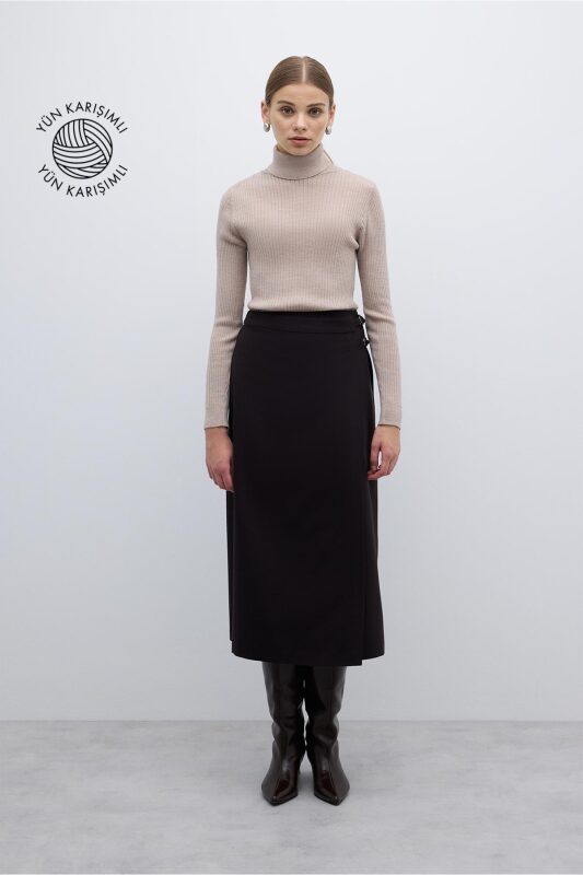 Toka Detaylı Kruvaze Midi Boy Etek Kahve - 1