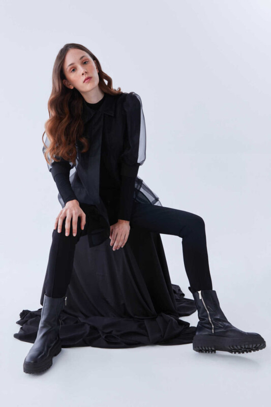  Transparan Uzun Kadın Ceket Siyah - 3