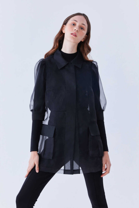  Transparan Uzun Kadın Ceket Siyah - 1