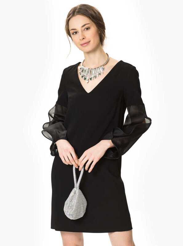 Transparan V Yaka Mini Elbise Siyah - 1