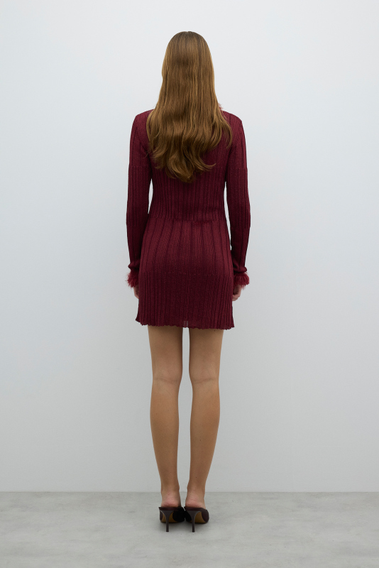 Triko Mini Elbise Bordo - 2