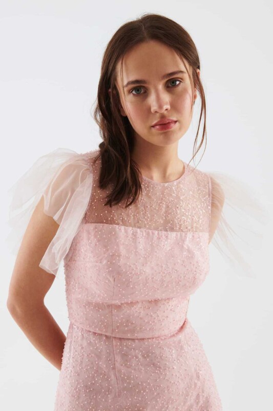 Tül Detaylı Abiye Elbise Pembe - 3