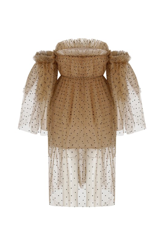  Tül Detaylı Kayık Yaka Elbise Standart Renk - 5