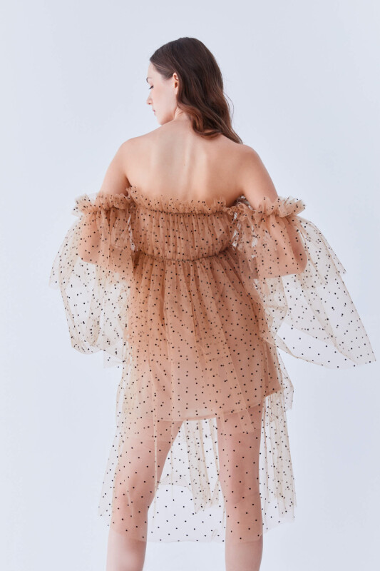  Tül Detaylı Kayık Yaka Elbise Standart Renk - 2