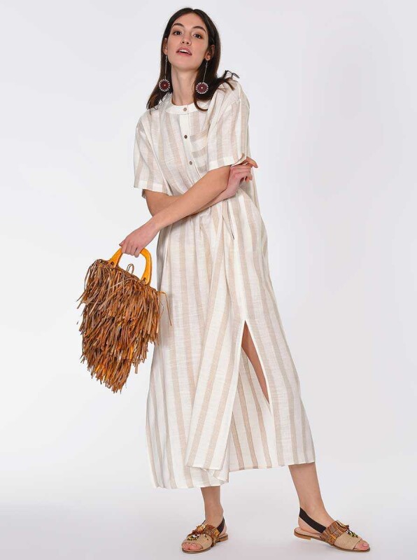 Uzun Yırtmaçlı Çizgili Keten Uzun Elbise Standart Renk - 4