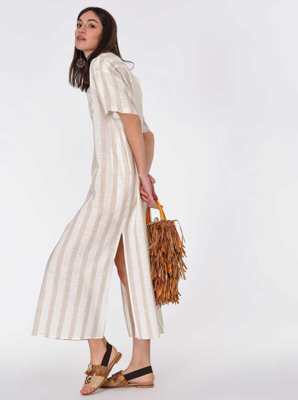 Uzun Yırtmaçlı Çizgili Keten Uzun Elbise Standart Renk - 3
