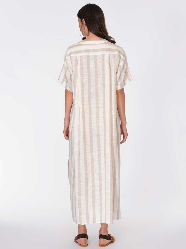 Uzun Yırtmaçlı Çizgili Keten Uzun Elbise Standart Renk - 2