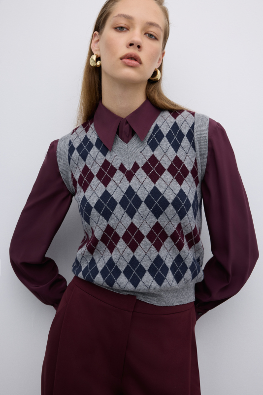 V Yaka Baklava Desenli Triko Süveter Standart Renk - 3