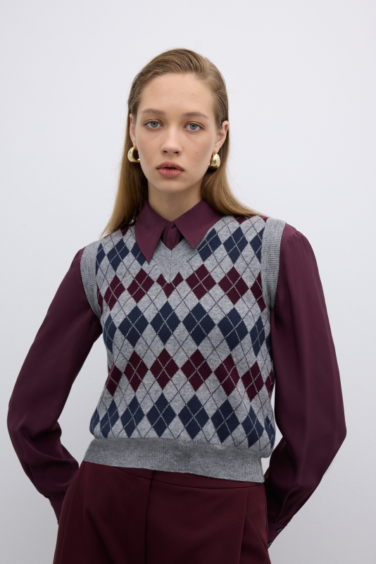 V Yaka Baklava Desenli Triko Süveter Standart Renk - 1