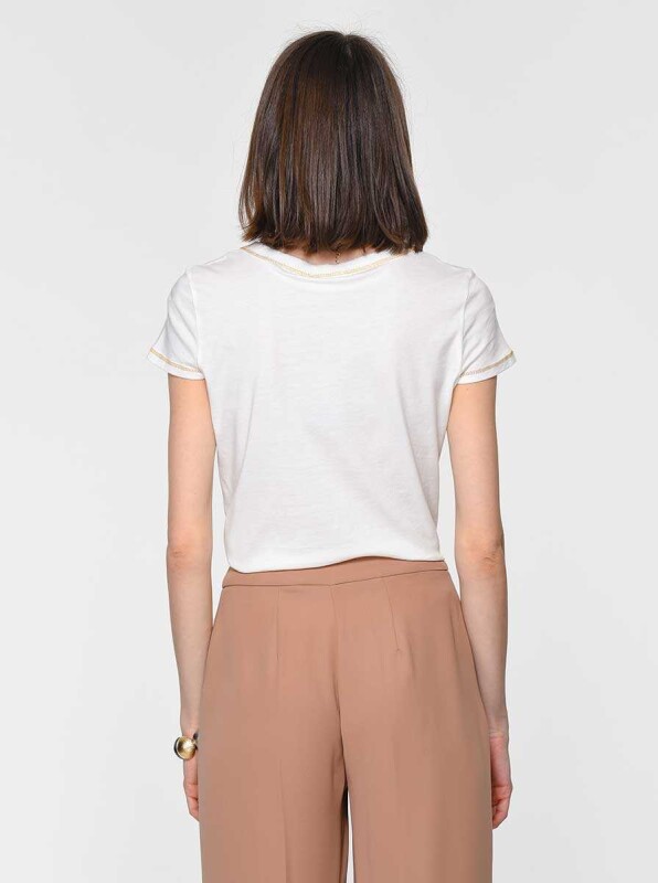V Yaka Basic T-shırt Kemik - 2