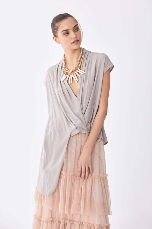 V Yaka Bel Detaylı Bluz Taş - 1