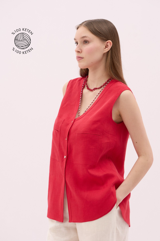 V Yaka Çift Cepli Keten Gömlek Kırmızı 