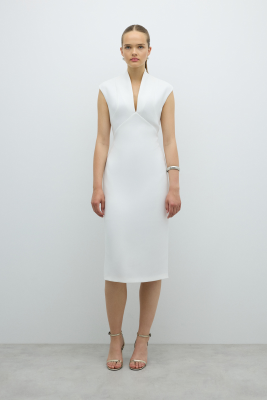 V Yaka Cup Detaylı Midi Boy Elbise Beyaz - 1