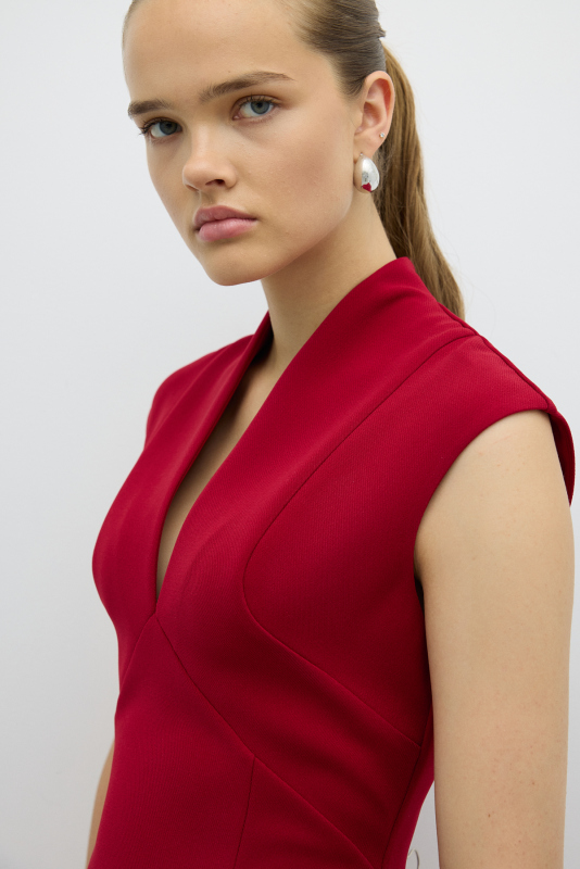 V Yaka Cup Detaylı Midi Boy Elbise Bordo - 4