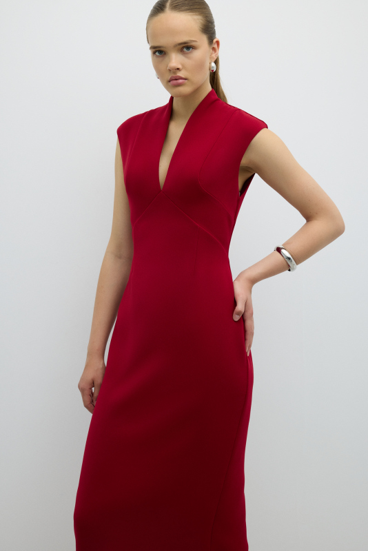 V Yaka Cup Detaylı Midi Boy Elbise Bordo - 3