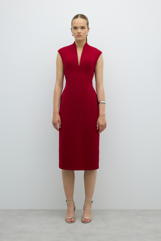 V Yaka Cup Detaylı Midi Boy Elbise Bordo 