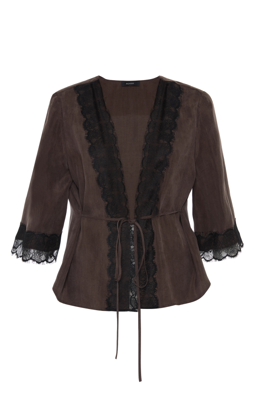 V Yaka Dantel Detaylı Turvakar Kollu Bluz Kahve - 5