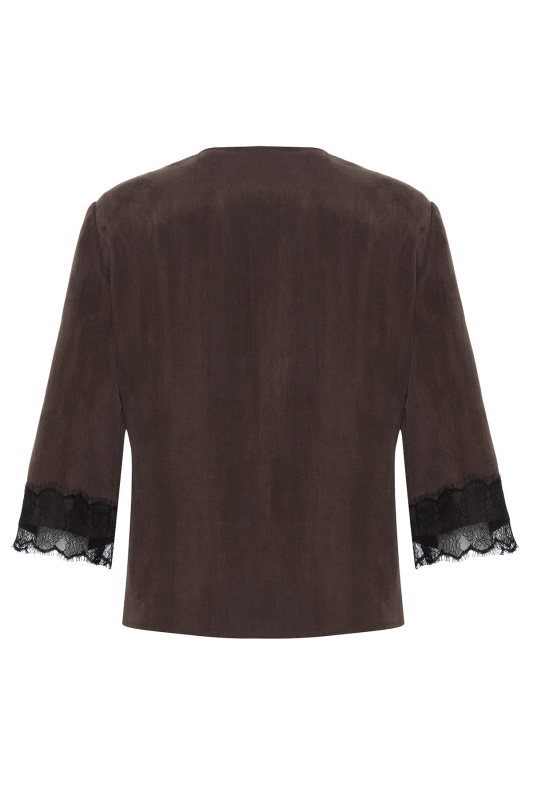 V Yaka Dantel Detaylı Turvakar Kollu Bluz Kahve - 6