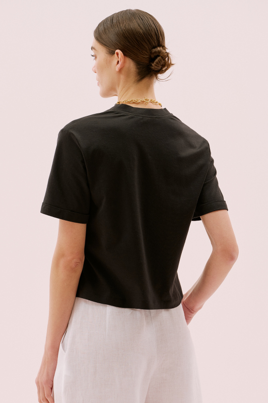 V Yaka Double Kısa Kol T-shirt Siyah - 2