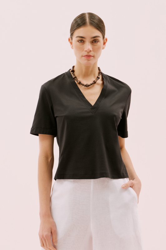 V Yaka Double Kısa Kol T-shirt Siyah - 3