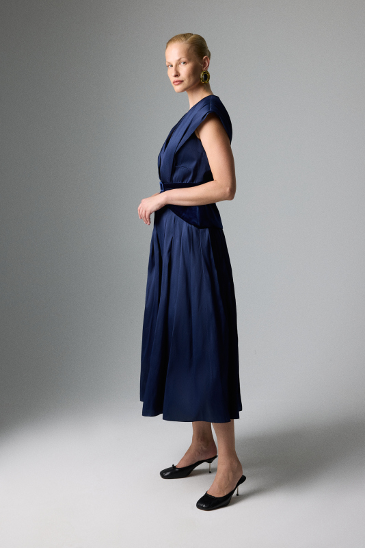 V Yaka Drapeli Kadife Detaylı Tafta Elbise Lacivert - 3