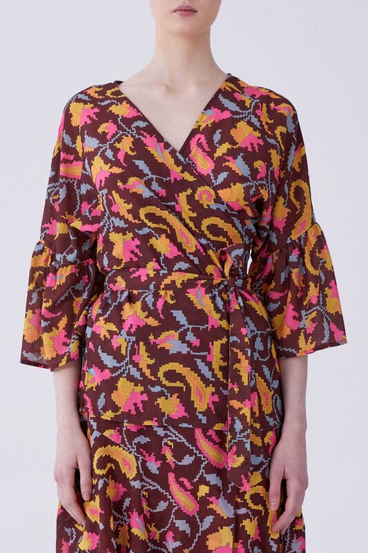 V Yaka Floral Desen Bluz Standart Renk 