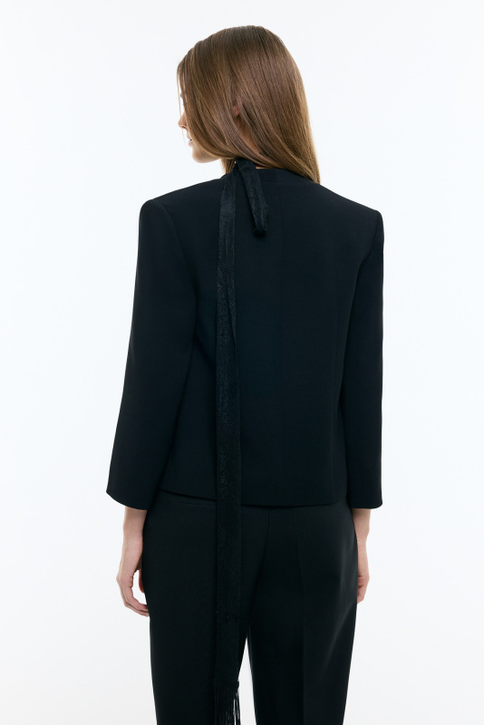 V Yaka Fular Detaylı Ceket Siyah - Roman (1)