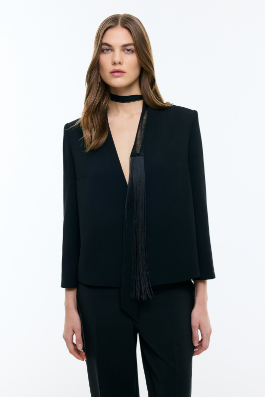 V Yaka Fular Detaylı Ceket Siyah - Roman