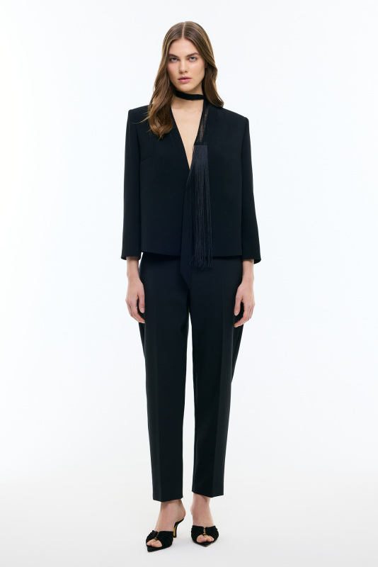 V Yaka Fular Detaylı Ceket Siyah - 3