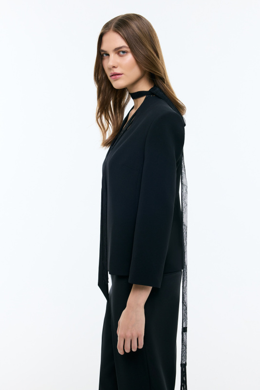 V Yaka Fular Detaylı Ceket Siyah - 4