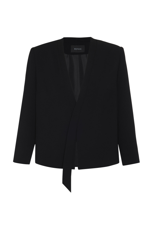 V Yaka Fular Detaylı Ceket Siyah - 5