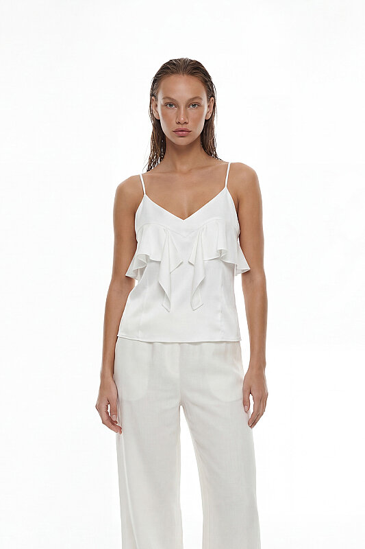 V Yaka İnce Askılı Volan Detaylı Bluz Beyaz - 1