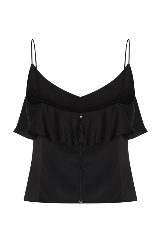 V Yaka İnce Askılı Volan Detaylı Bluz Siyah - 5