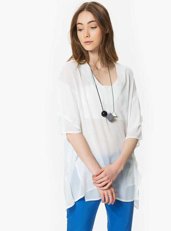 V Yaka Kadın Tunik Krem - 1