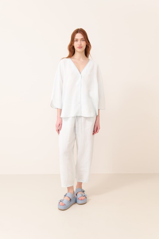 V Yaka Keten Gömlek Standart Renk - 3