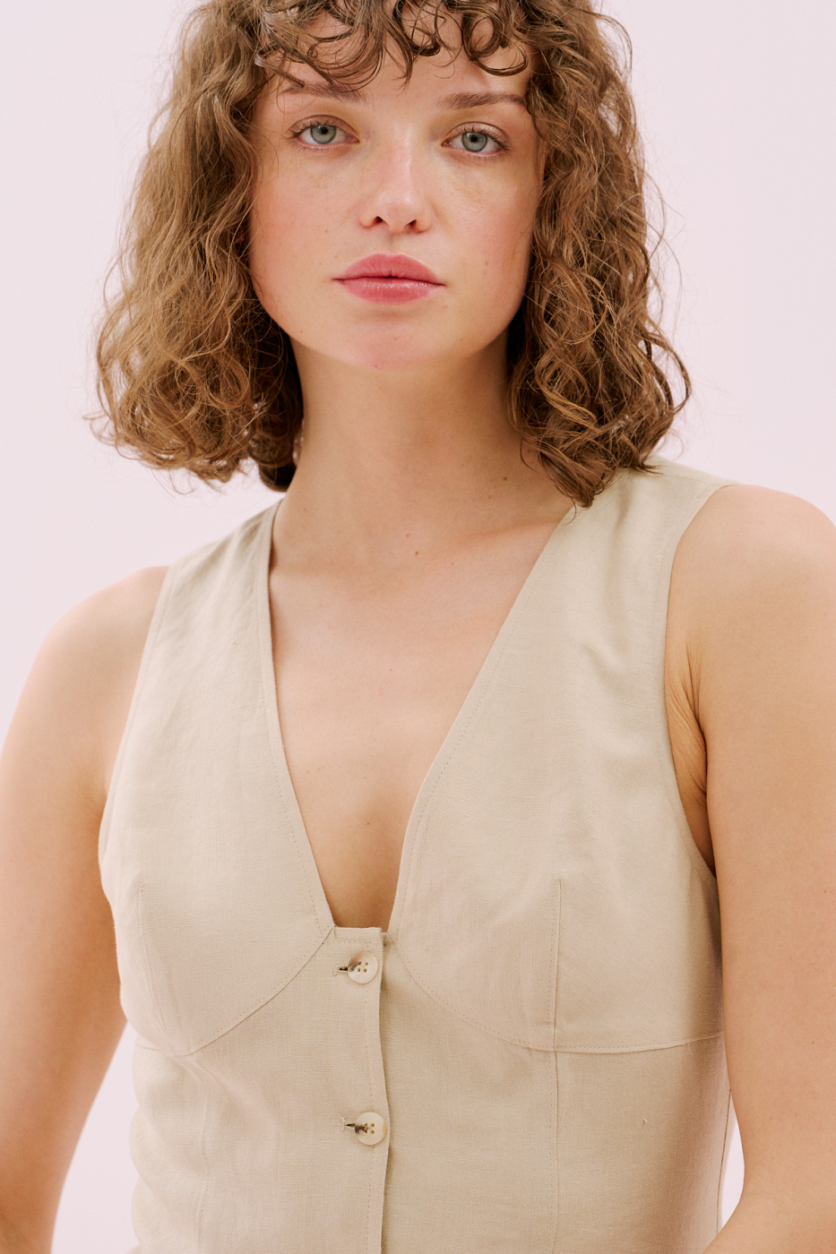 V Yaka Önü Düğmeli Kolsuz Keten Maksi Boy Elbise Bej - 4