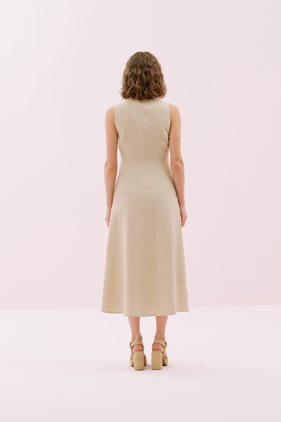 V Yaka Önü Düğmeli Kolsuz Keten Maksi Boy Elbise Bej - 2