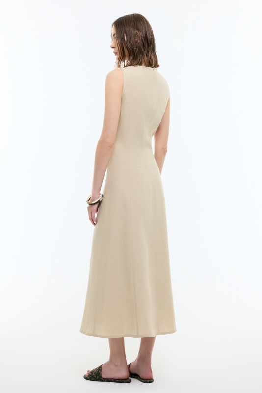 V Yaka Önü Düğmeli Kolsuz Keten Maksi Boy Elbise Bej - Roman (1)