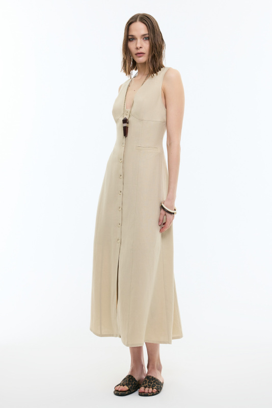 V Yaka Önü Düğmeli Kolsuz Keten Maksi Boy Elbise Bej - 4